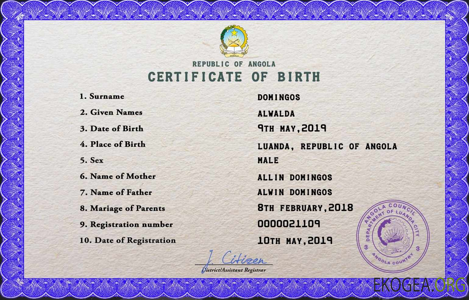 Modèle PSD de certificat de naissance de l'état civil de l'Angola